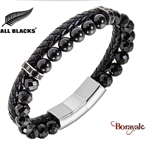 Bracelet All Blacks bijoux Homme cuir et pierre 2 rangs 682435