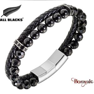 Bracelet All Blacks bijoux Homme cuir et pierre 2 rangs 682435