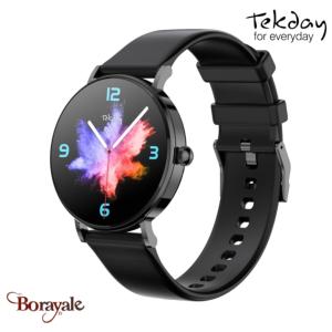 Montre TEKDAY Ronde connectée New 2025 unisexe boîtier argent, silicone noir 656