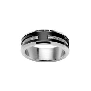 Bague Thabora homme acier et câble argenté et noir T163319-56